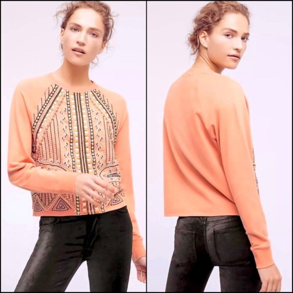 Anthro Akemi + Kin Pink Embroidered Beaded Embellished Pullover Sweatshirt LARGE